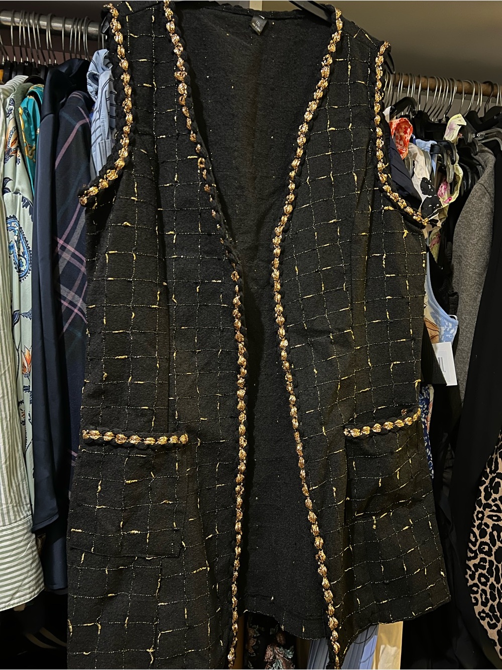 SHEIN Black Tweed Sleeveless Vest with Gold Braid Trim
